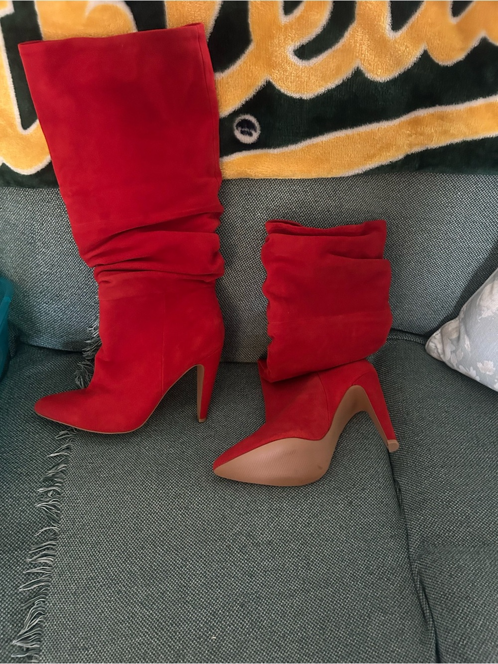 Red Suede Slouch High-Heel Boots - Women's Fashion Boots